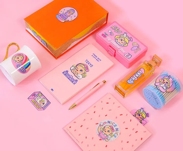 PVC cartoon sticker set with Korean-style cute girl designs and heart motifs in storage box