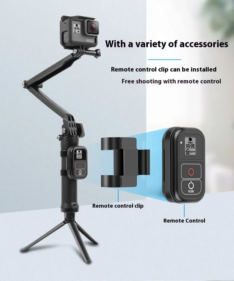 Black portable folding tripod for GoPro Hero action cameras in compact storage position.