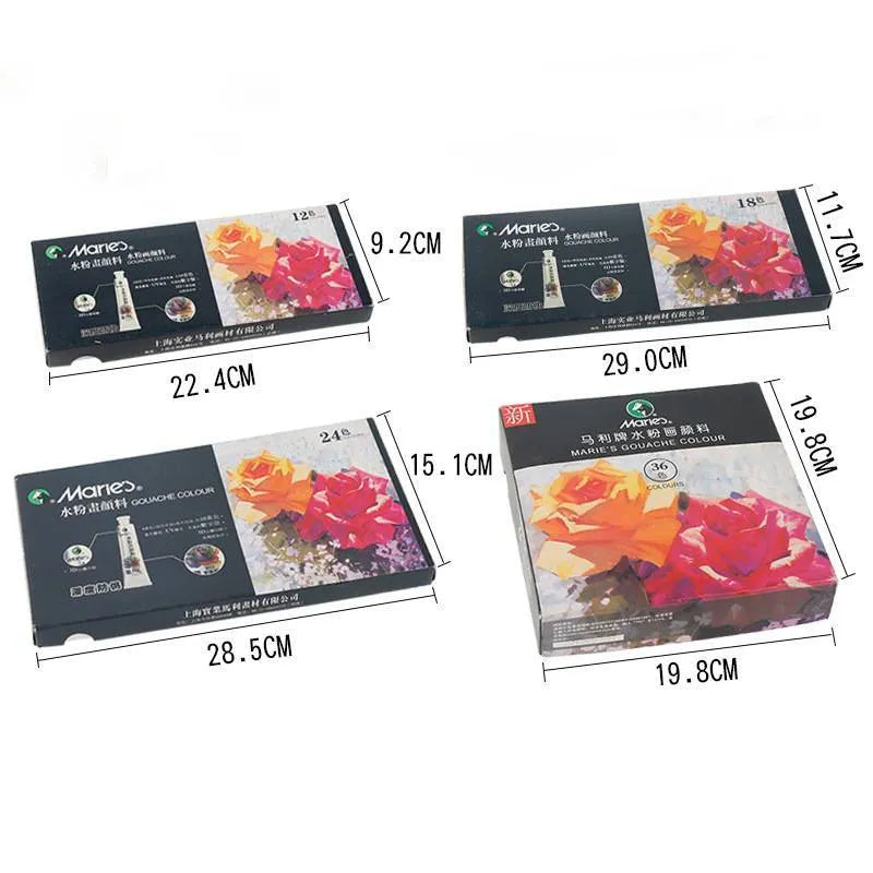 Boxed set of gouache paint tubes in 12, 18, or 24 colours for water-based painting.