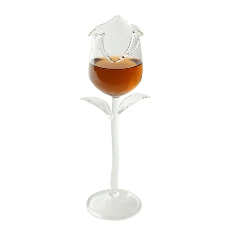 Fancy red wine goblet with rose flower shape and 100ml transparent glass on table