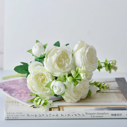Korean silk flower bouquet with five peonies, 31cm in height, available in six colours