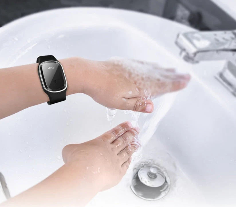 Ultrasonic mosquito repellent wristband in various colours, showcasing waterproof design and optional clock feature.