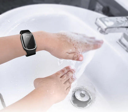 Ultrasonic mosquito repellent wristband in various colours, showcasing waterproof design and optional clock feature.