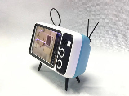 Vintage-inspired portable Bluetooth speaker with retro TV design, available in various colors including blue, orange, silver gray, and coffee