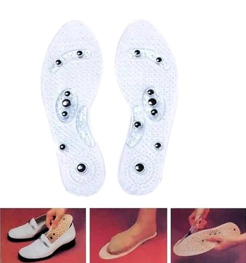 Transparent magnetic massage insole with silicone elastomer, visible magnets and massage nubs, on white background