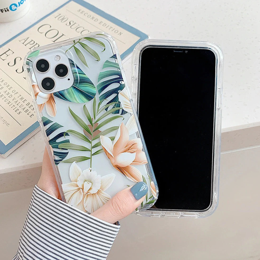 Orange silicone iPhone case with banana leaf watercolour pattern and electroplated camera cutout