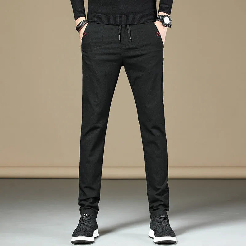 Men's cotton casual straight-leg pants in ArmyGreen, Black, Brown, and Grey, sizes 28-38