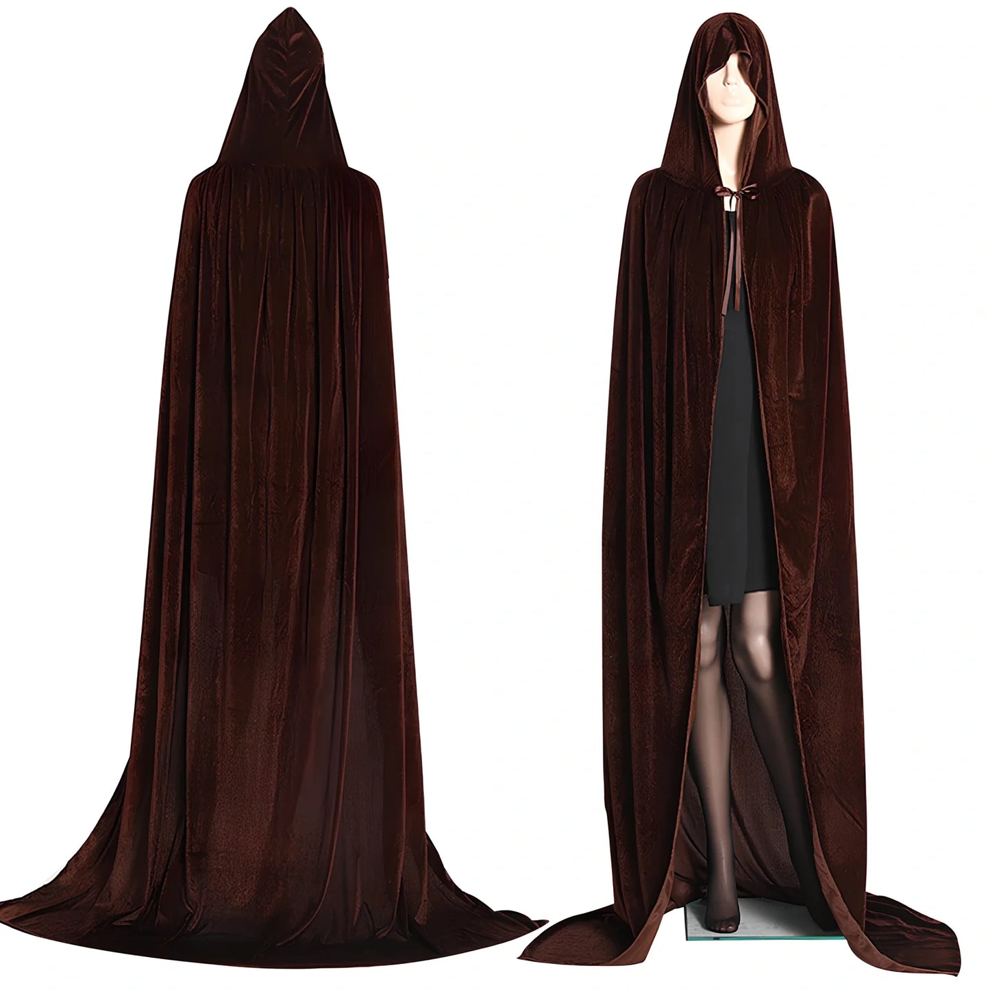 Golden velvet Halloween cloak in purple, 130 cm length with 48 cm hood and neck tie for wizard cosplay