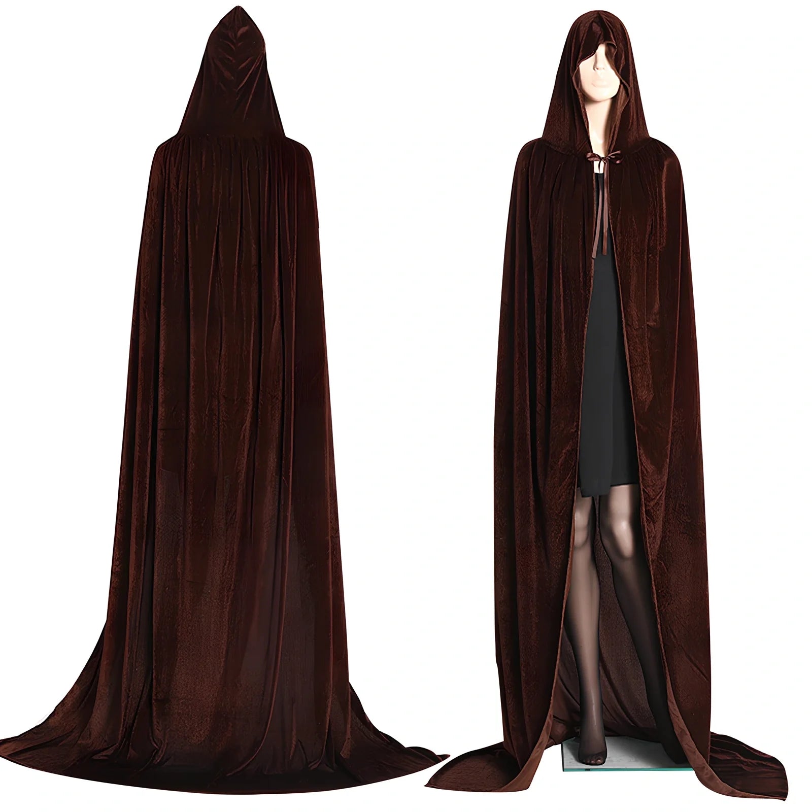 Golden velvet Halloween cloak in purple, 130 cm length with 48 cm hood and neck tie for wizard cosplay