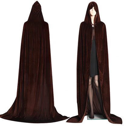 Golden velvet Halloween cloak in purple, 130 cm length with 48 cm hood and neck tie for wizard cosplay