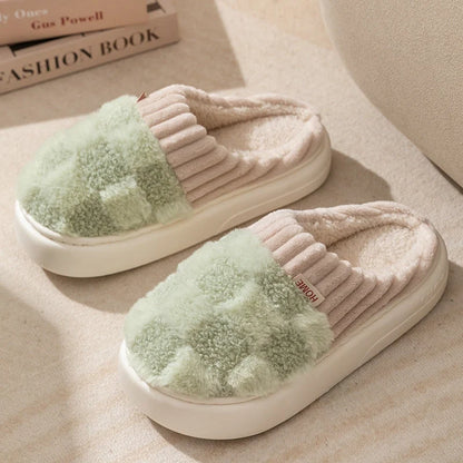 Women's plaid plush slippers with non-slip sole in various colours