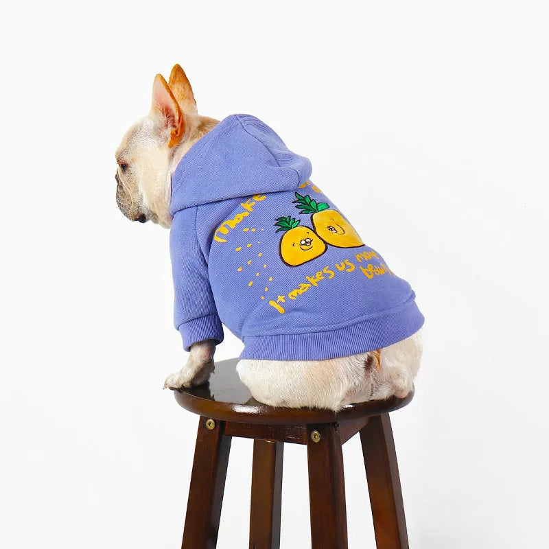 Blue and purple cotton cartoon print dog hoodie with a hood, sizes L XL 2XL 3XL 4XL