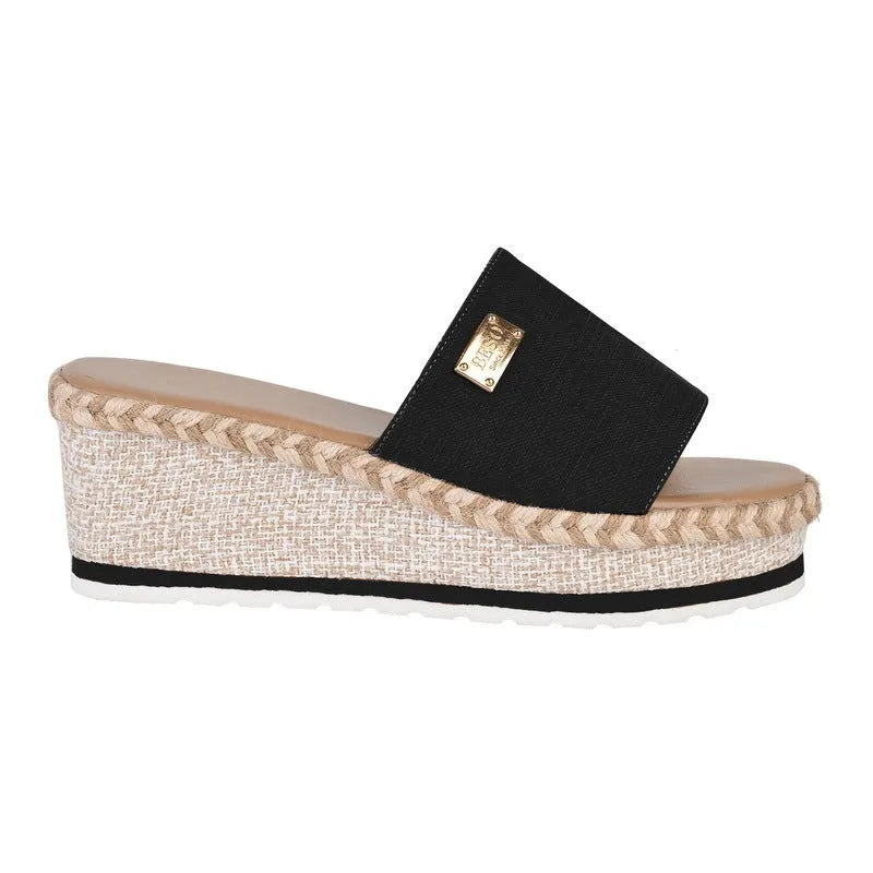 Platform wedge heel sandals with cloth upper in black, side view showing plain pattern and metal element detail