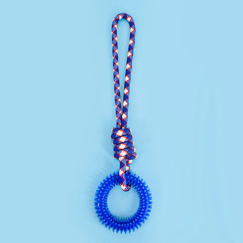 Blue braided rope dog chew toy with knots measuring 43cm length