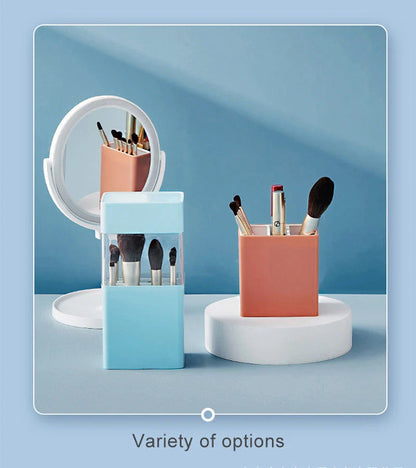Inverted makeup brush storage bucket in white, blue, and pink for organised dressing tables