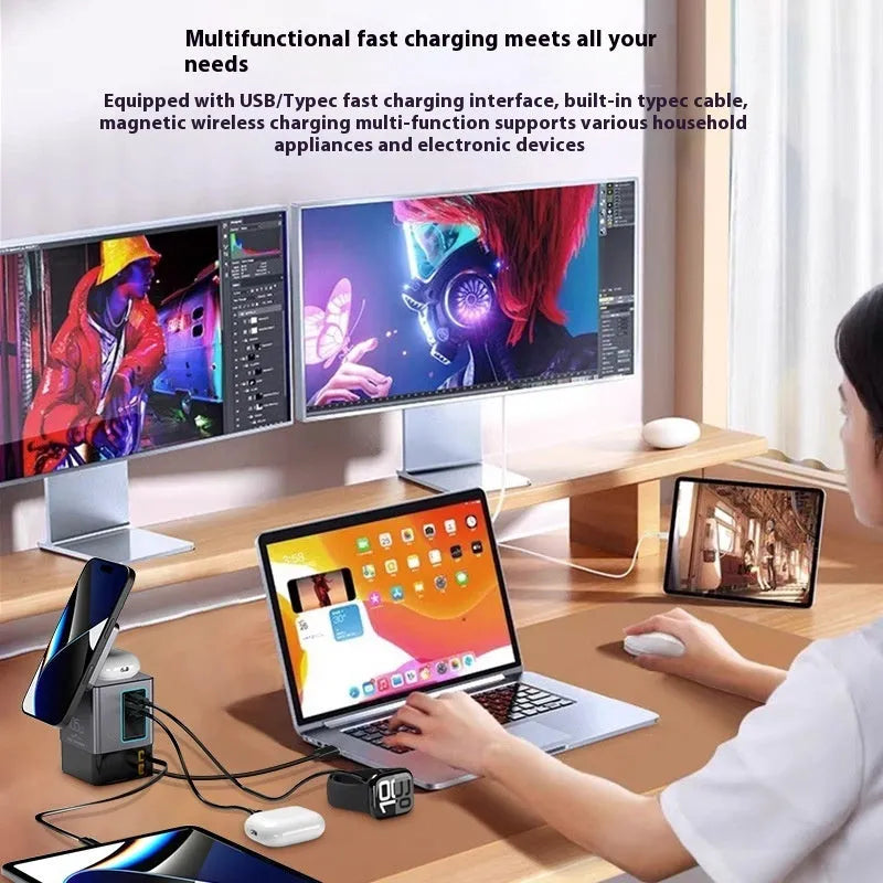 105W Multifunctional Magnetic Wireless Gallium Nitride Charger in black plastic with UK plug