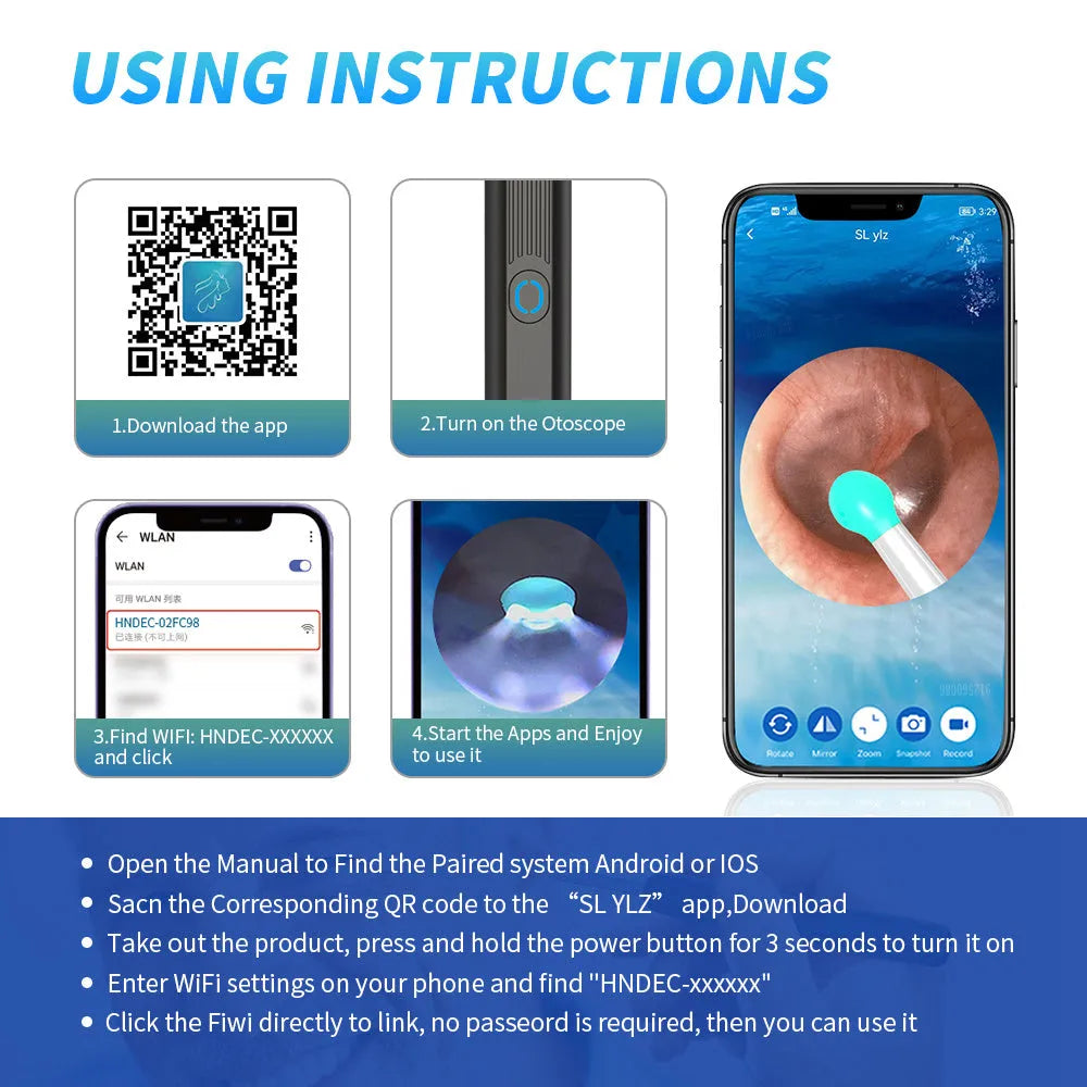 Natfire NE3 wireless otoscope ear cleaner with camera, charging cable, and spoon heads on a white background.