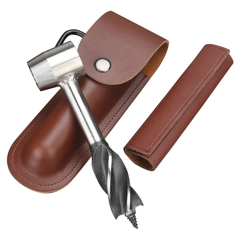 Rugged outdoor auger drill with leather case for camping, bushcraft, and survival gear