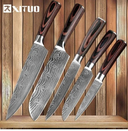 Premium stainless steel kitchen knife set with razor-sharp blades and ergonomic handles for precise cutting and slicing