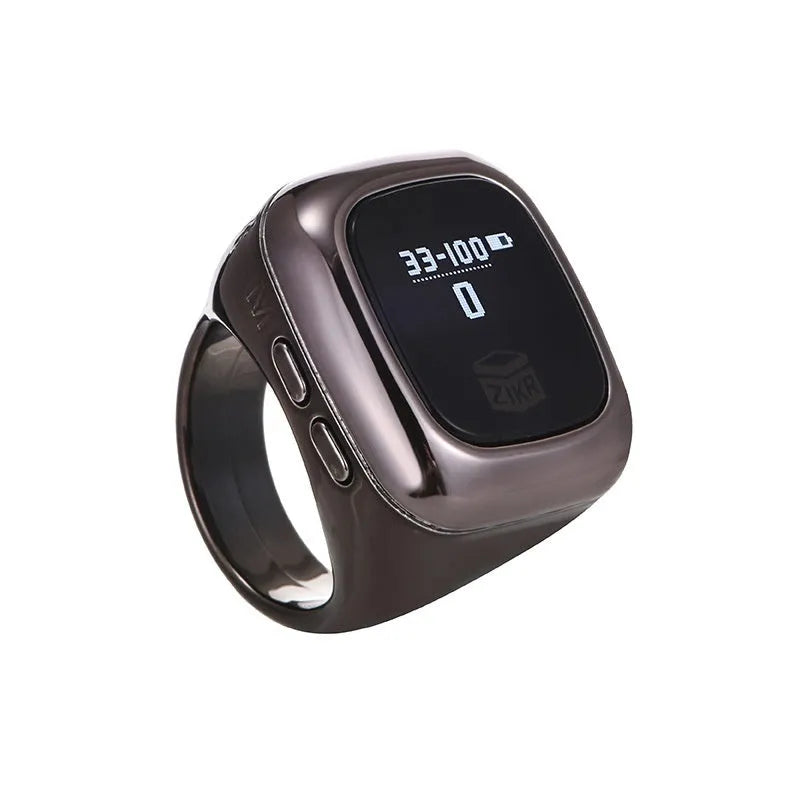 Al-fatiha Zikr electronic counter on wrist showing digital display, available in black, rose gold, silver, wine red, green.