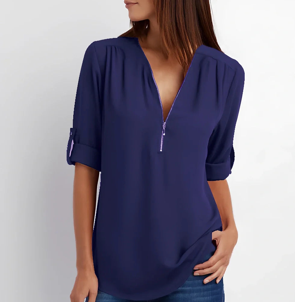 Women's pink zip V-neck short sleeve loose shirt, bust 96cm size S, Dacron fabric in multiple colours