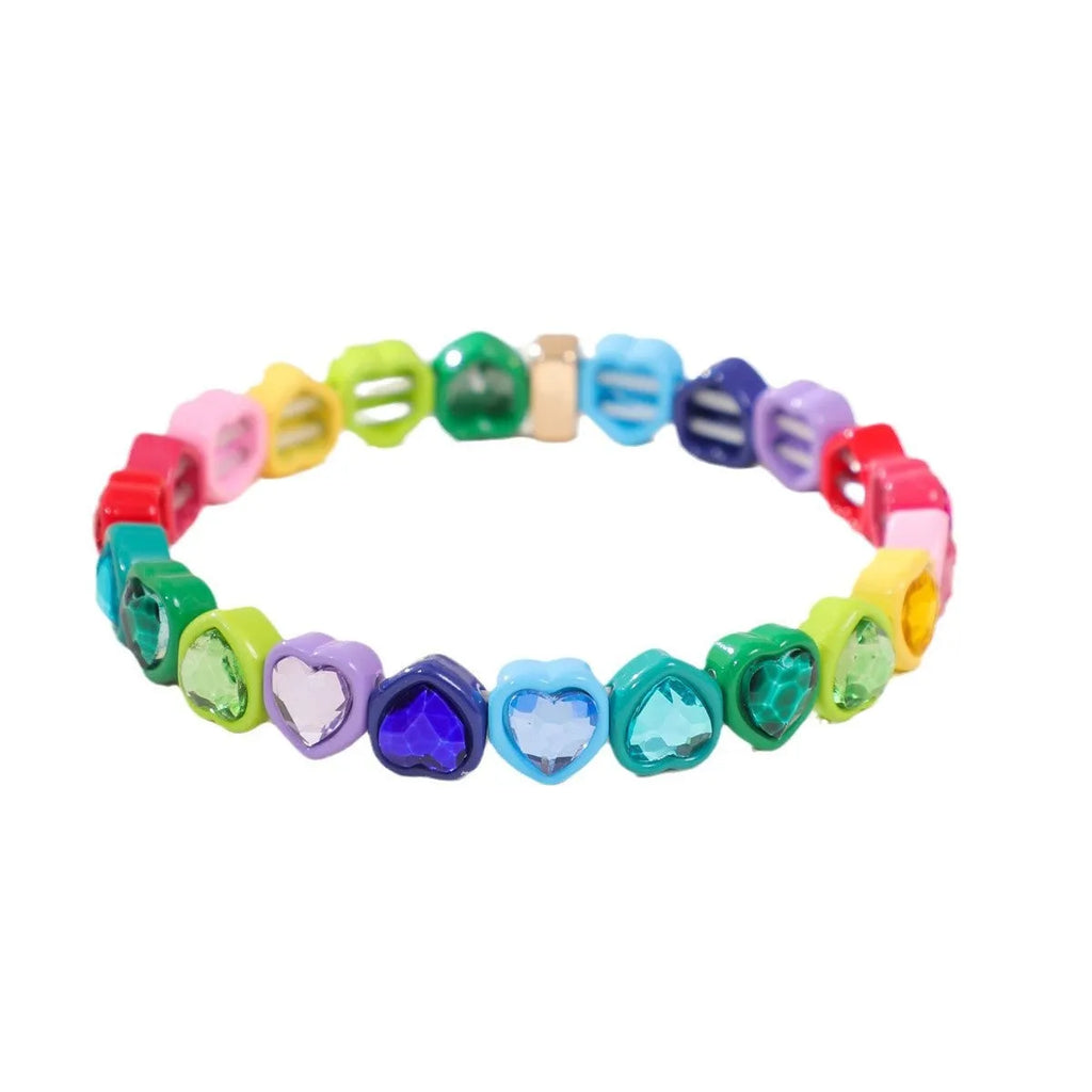 Rainbow enamel alloy heart stretch bracelet showing colourful pattern and heart charm