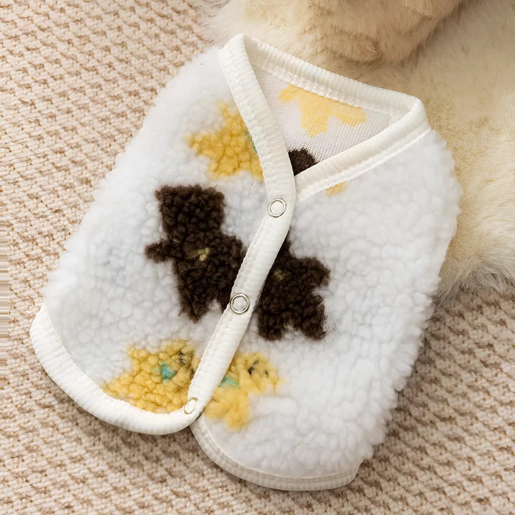 White Teddy bear printed Sherpa pet vest with button closure for small dogs and cats