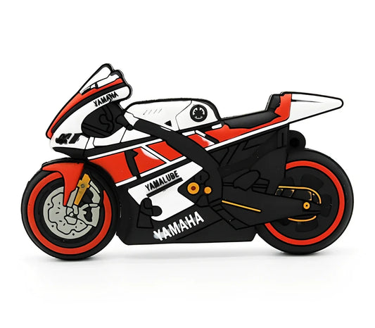 Red white cartoon motorcycle USB drive with 16cm wrist strap, 15g weight, 64GB capacity option