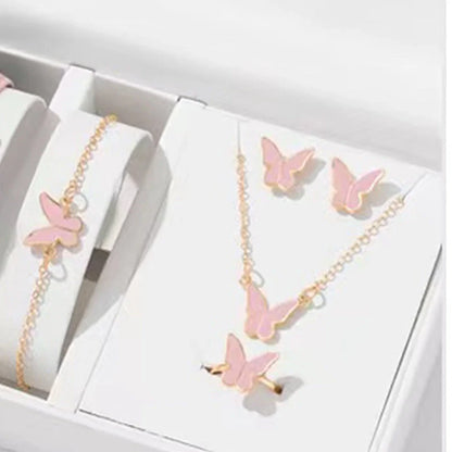 5-piece butterfly pendant jewellery set for women, including necklace, earrings, ring, and bracelet in various colours