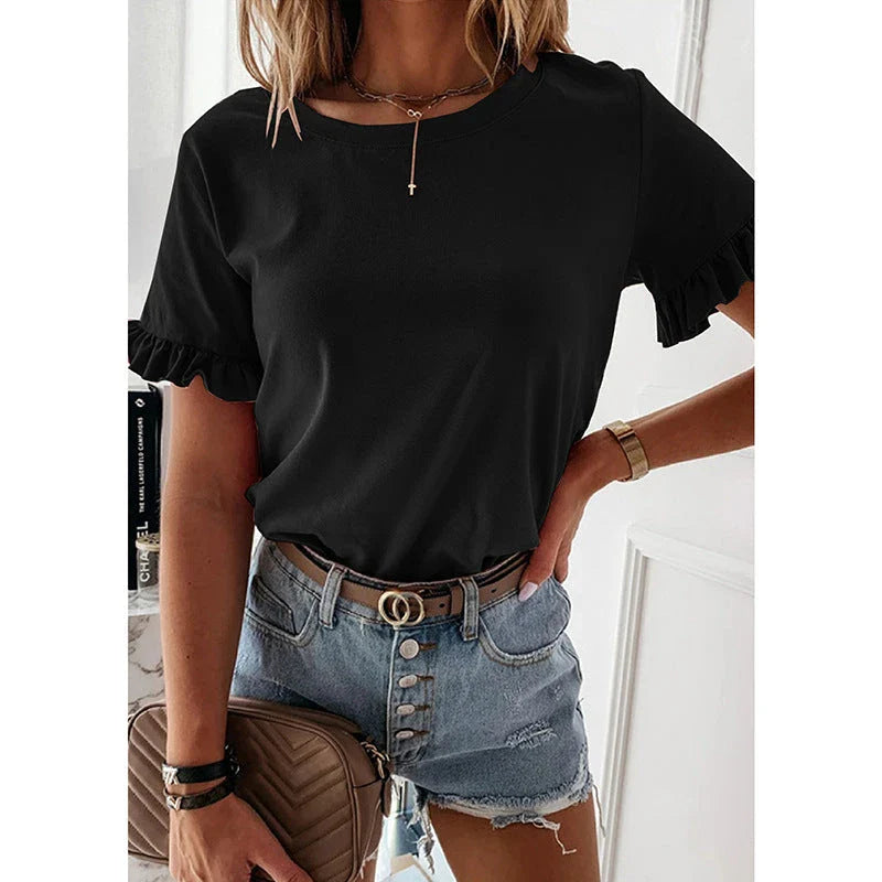 Stylish Ruffled Round Neck Top with Short Sleeves