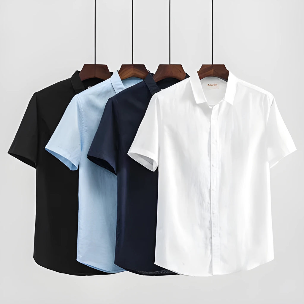 Men's loose fit linen short sleeve shirt with a square collar in sapphire blue.