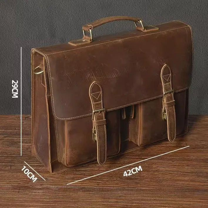 First layer cowhide leather computer crossbody bag in dark brown with visible sewing lines