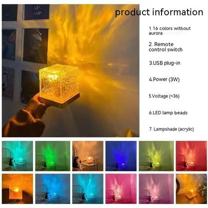 Water Ripple LED Lamp with 16 color options, dimmable function, and compact modern design for soothing ambiance in the home