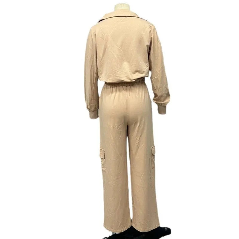 Women's light camel polyester two-piece set with lapel top and wide leg trousers