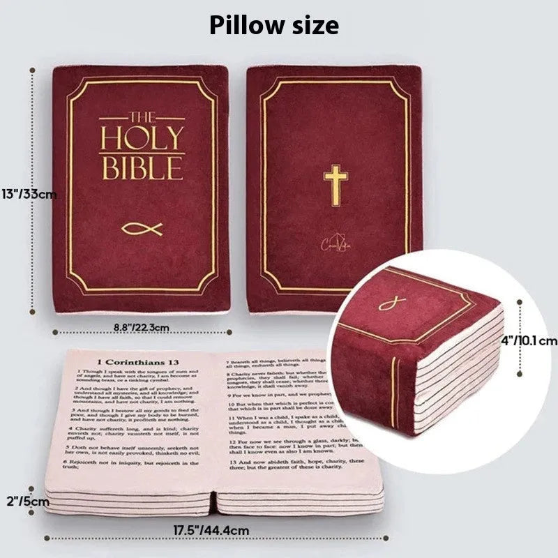 Solid-colour Christmas bible plush toy doll pillow on a chair.