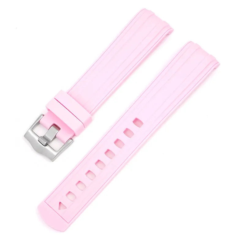 20mm width watch strap with silver buckle shown in multiple colour options including army green, sapphire blue, and dark red.