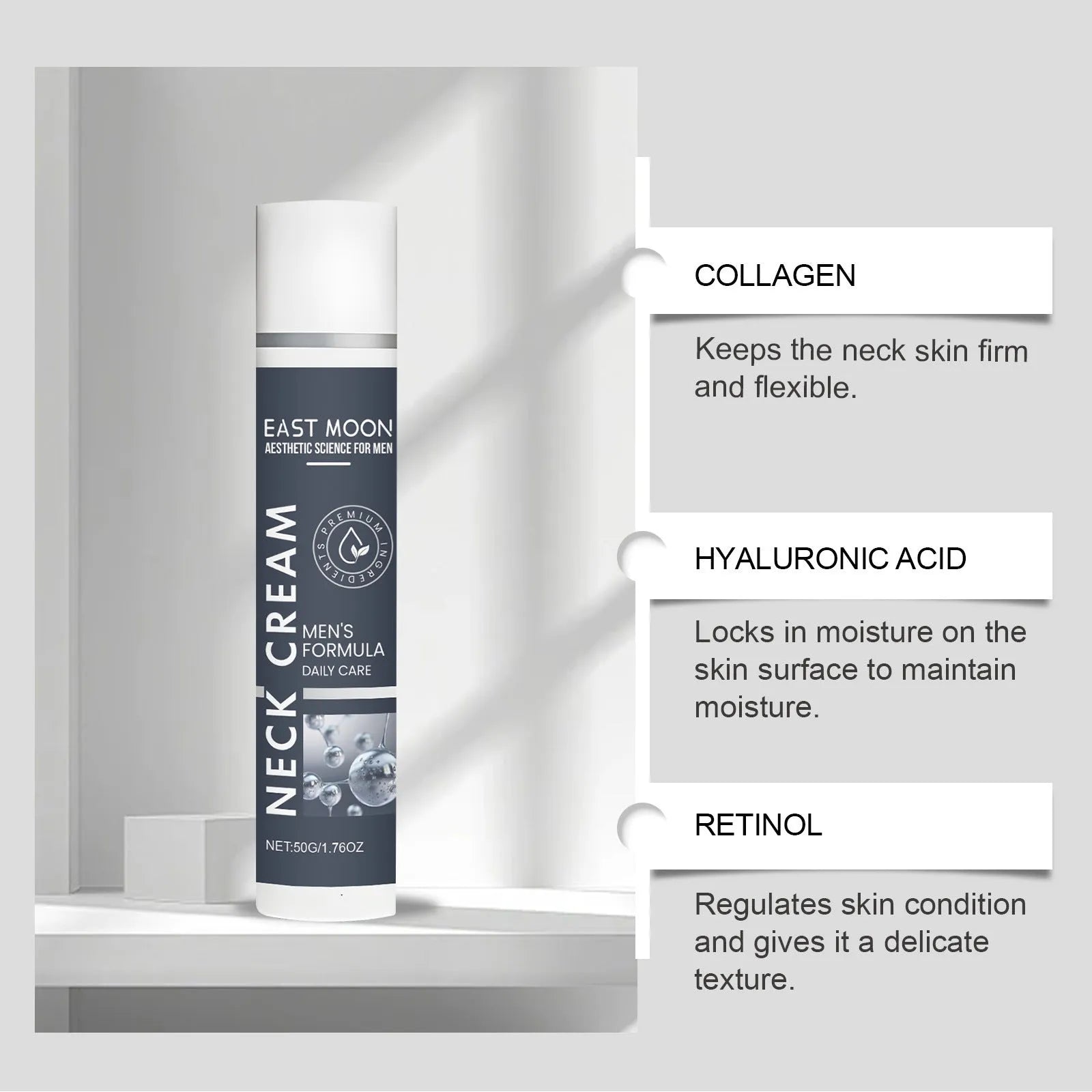 50g tube of men's neck treatment cream with collagen and retinol for the décolletage