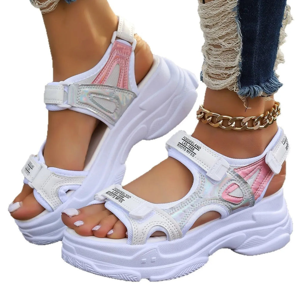 Women's white PU Roman platform sandals with multiple straps and rubber sole