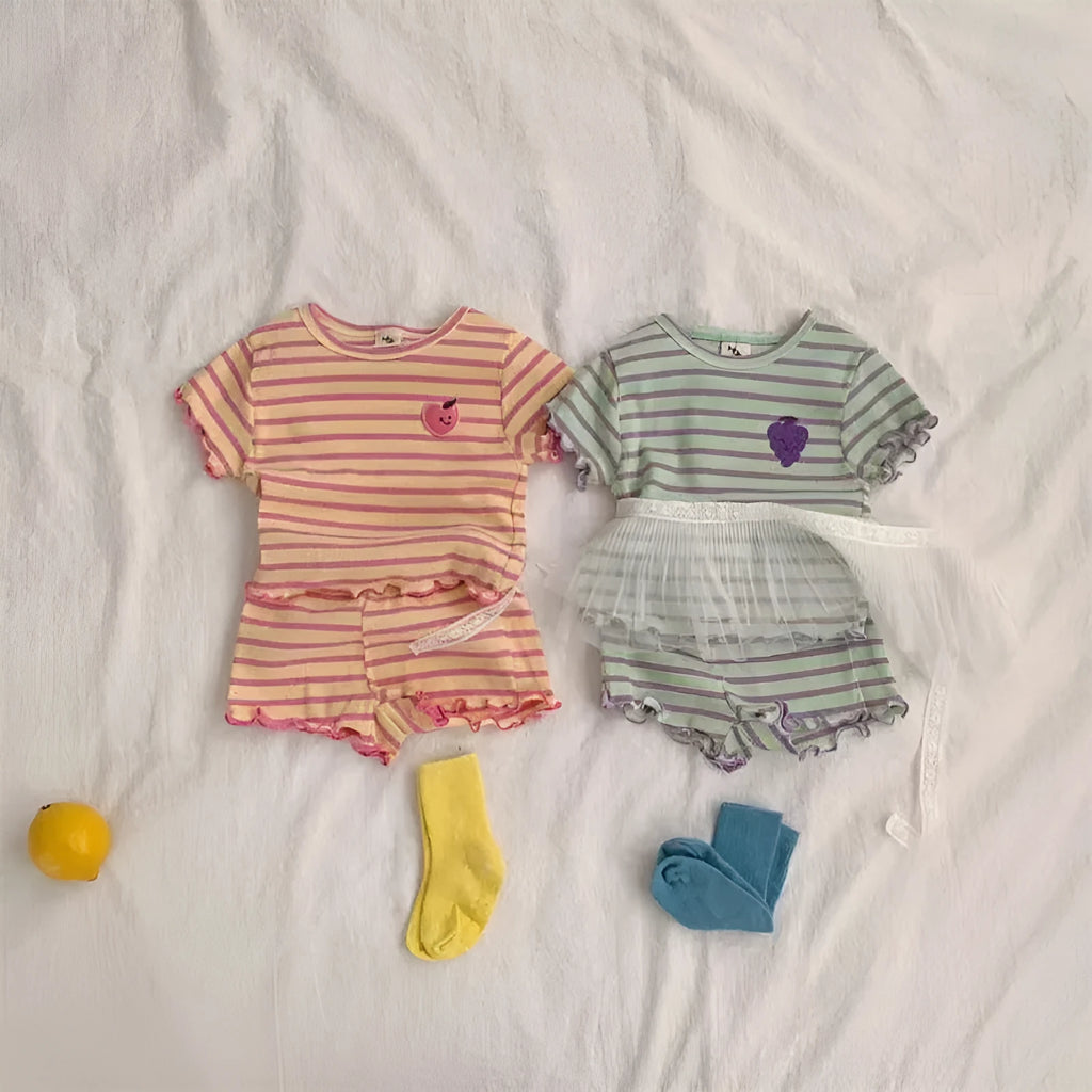 Children's short-sleeved polyester ice silk stripe pajama set in pink yellow purple green colours for heights 80-130 cm
