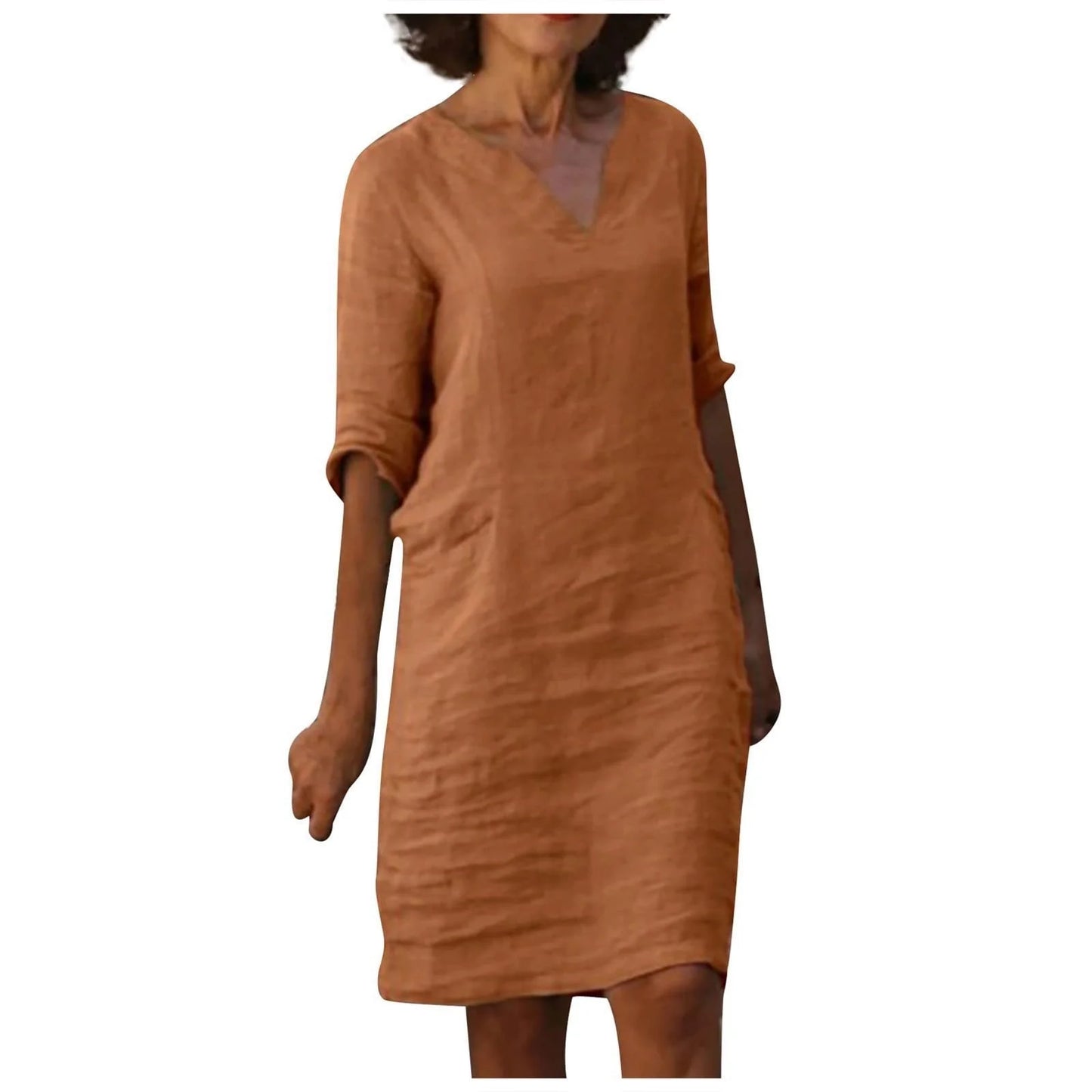 Cotton and linen V-neck dress with retro high waist design in various colours