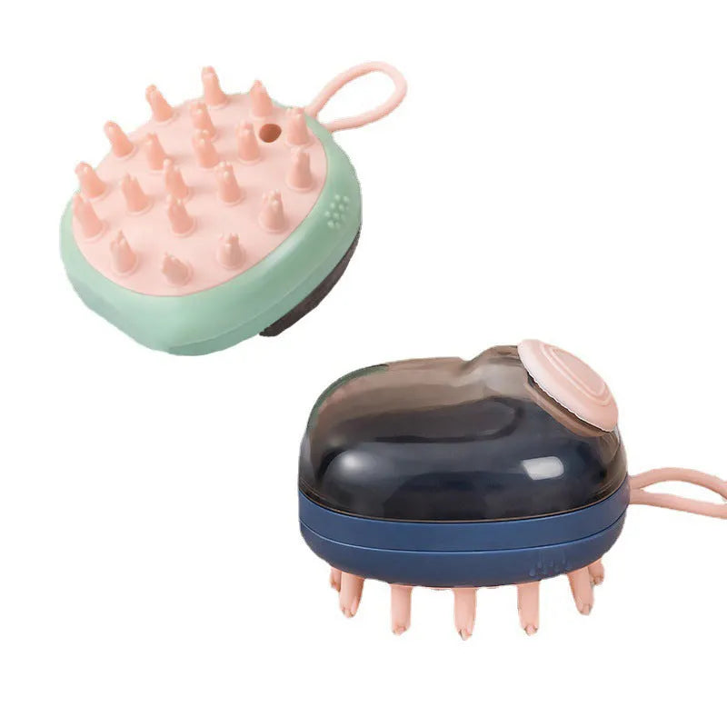 Blue pet bathing brush with shampoo dispenser and silicone bristles for cats and dogs