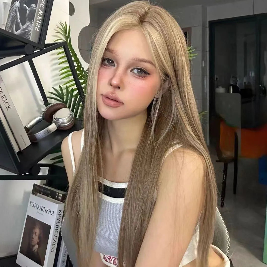 Golden brown gradient forehead lace front wig on a model