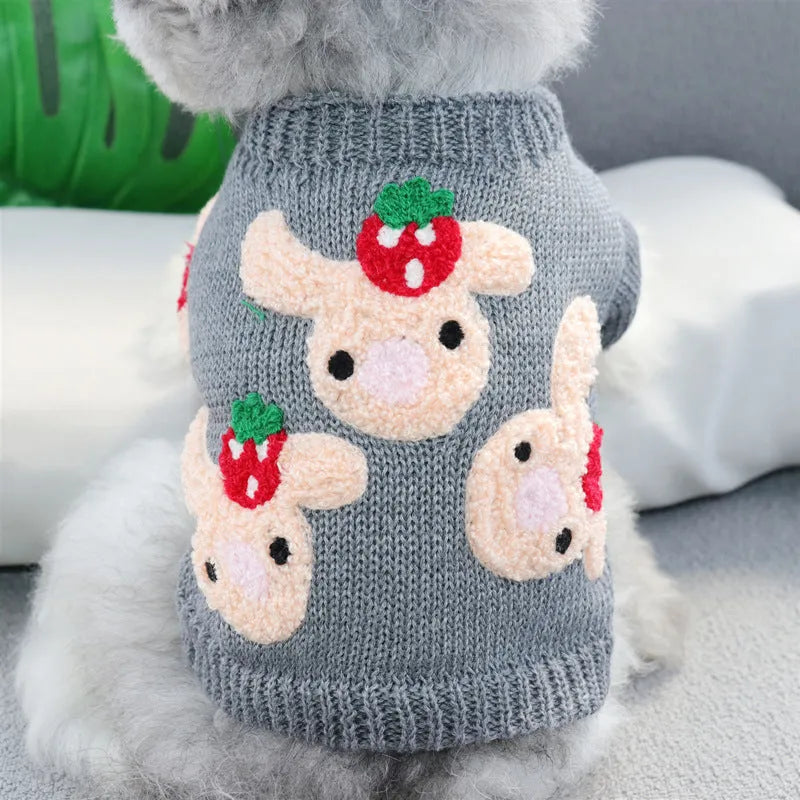 Short autumn winter pet sweater for dogs in unisex polyester casual style showing colour options and sizes