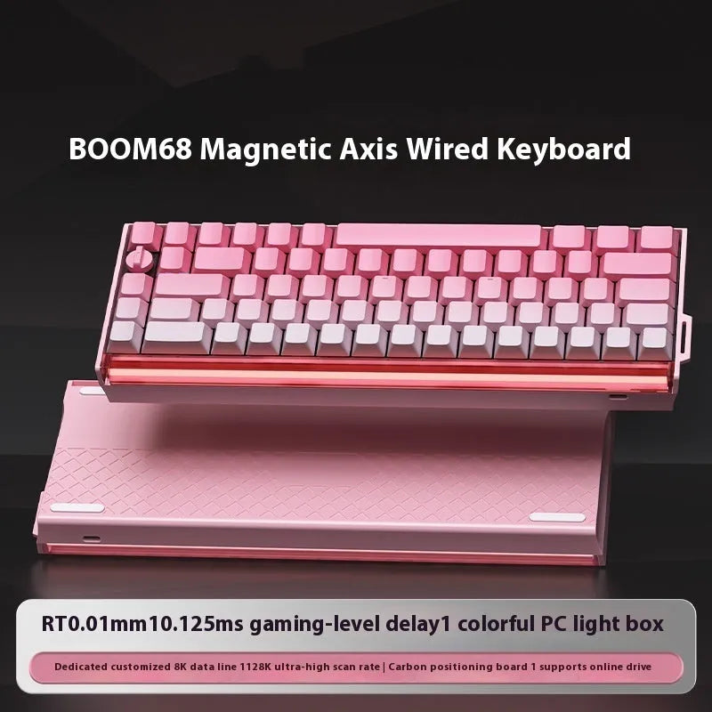 BOOM68 compact mechanical keyboard with RGB backlighting on a desk.