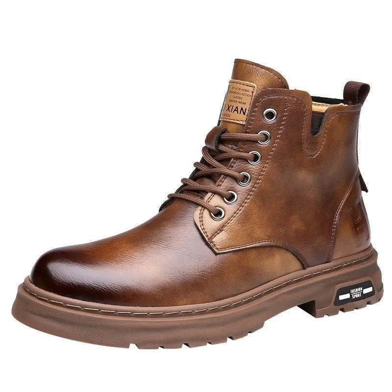 Men's black lace-up Martin boot with thick rubber sole and round toe on a neutral background.