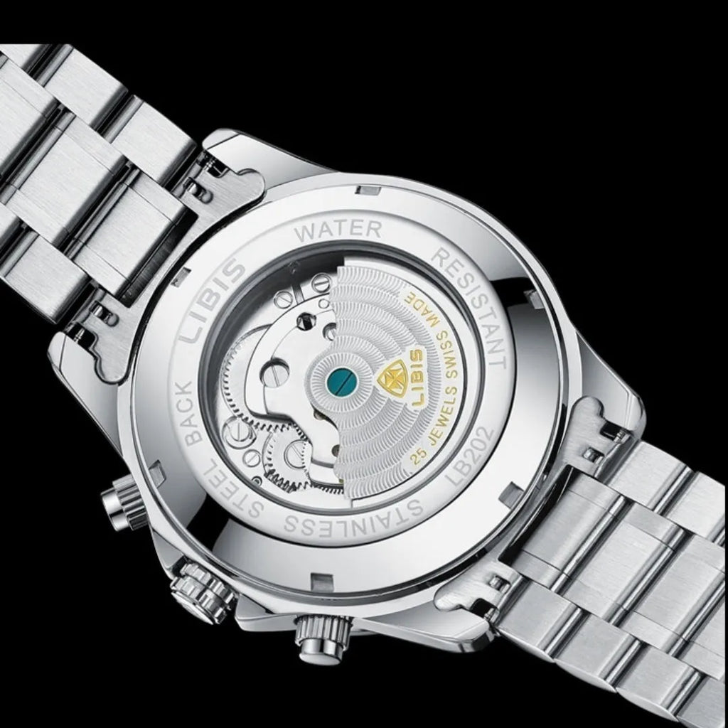 Men's silver automatic perpetual calendar mechanical watch with a stainless steel bracelet.