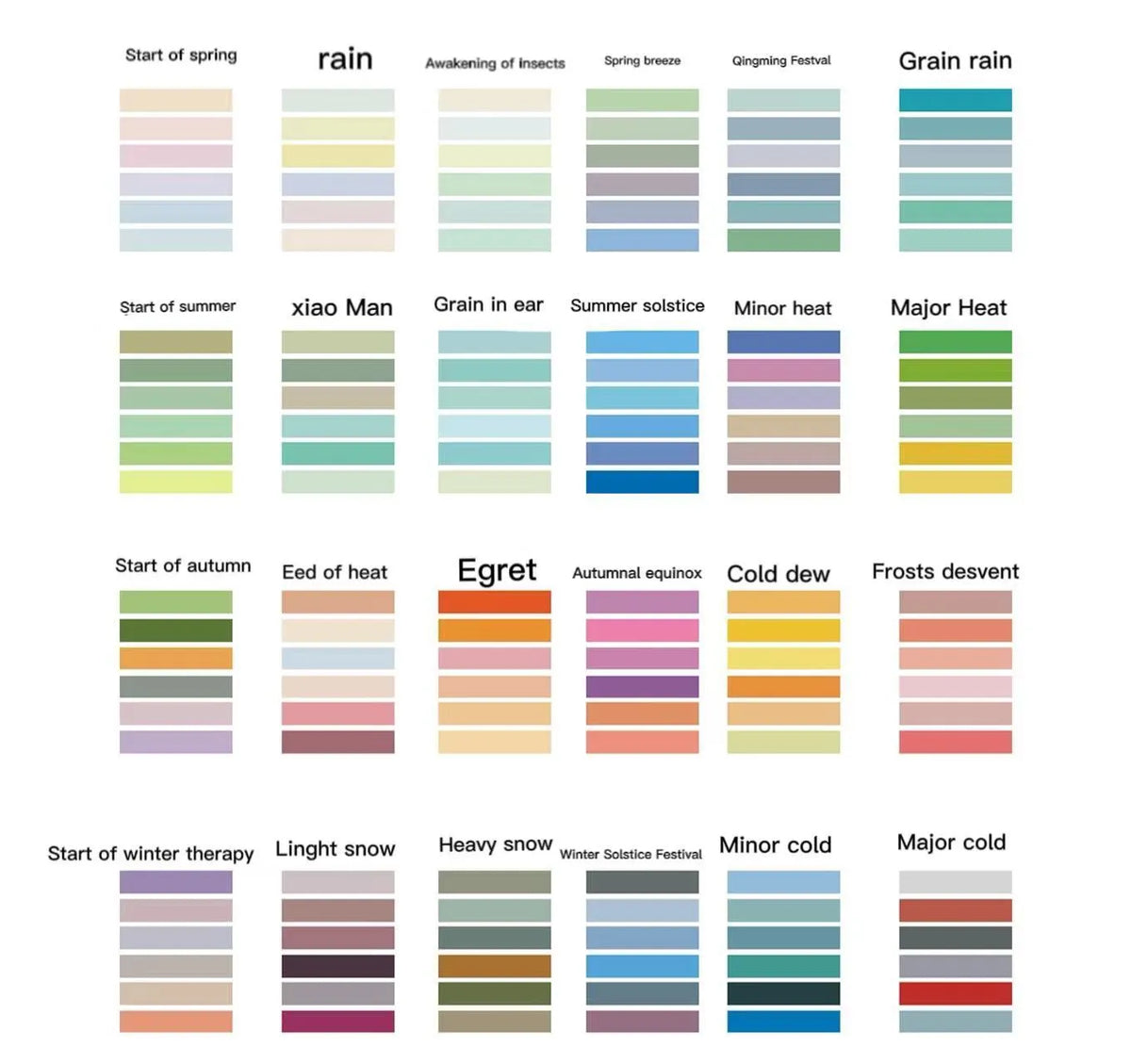 Six rolls of solid colour washi tape in a pack showing solar term designs like Start of Spring and Autumn Equinox