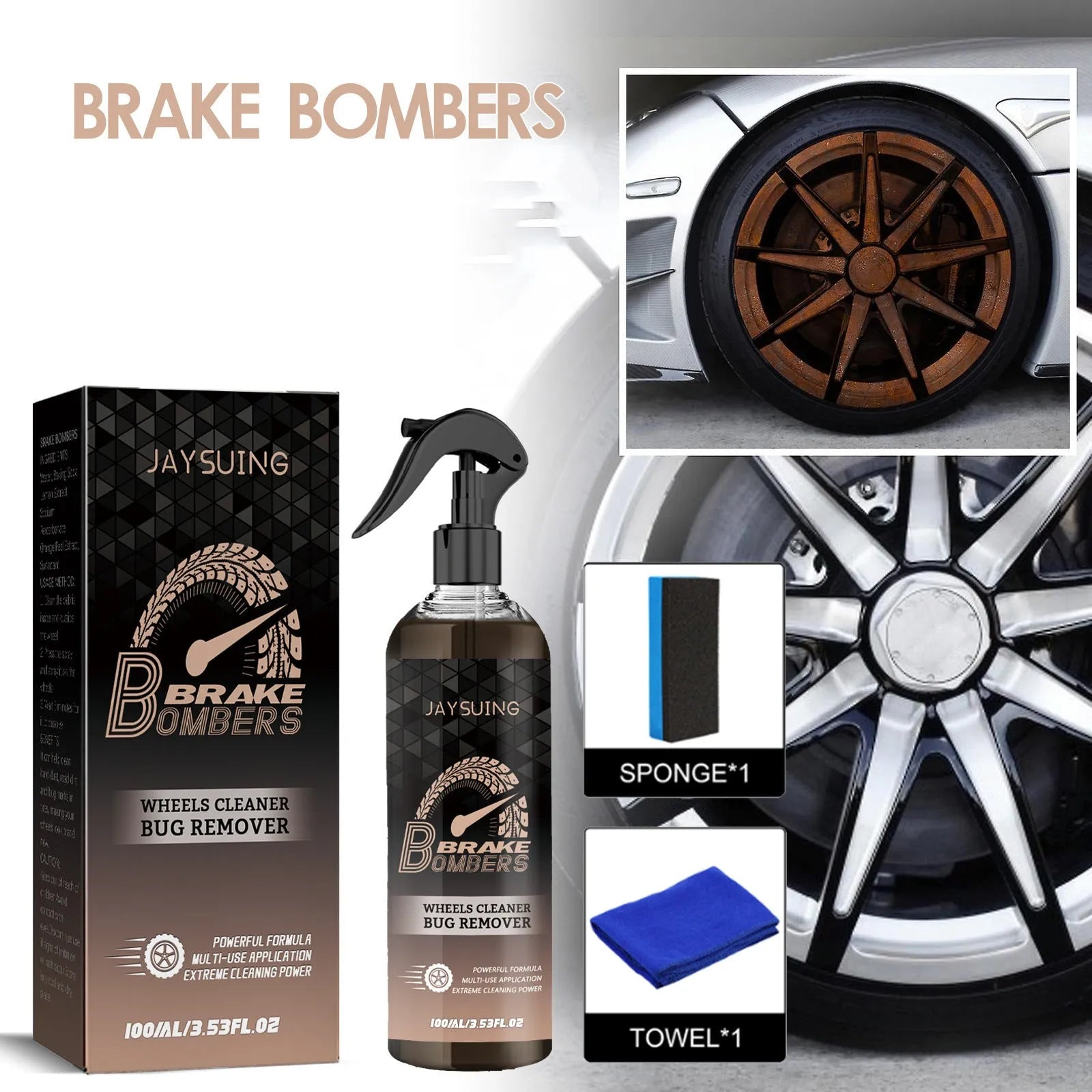Car brake cleanser kit showing 100ml bottle, sponge, and cloth for brake disc rust removal