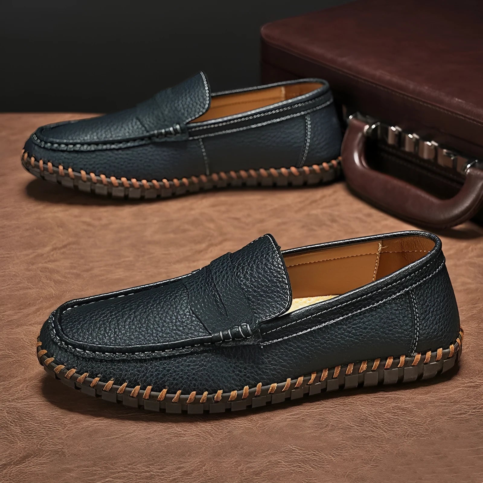 Men's hand-stitched lazy slip-on casual leather shoes with first layer cowhide upper, rubber sole, square heel, in black colour option