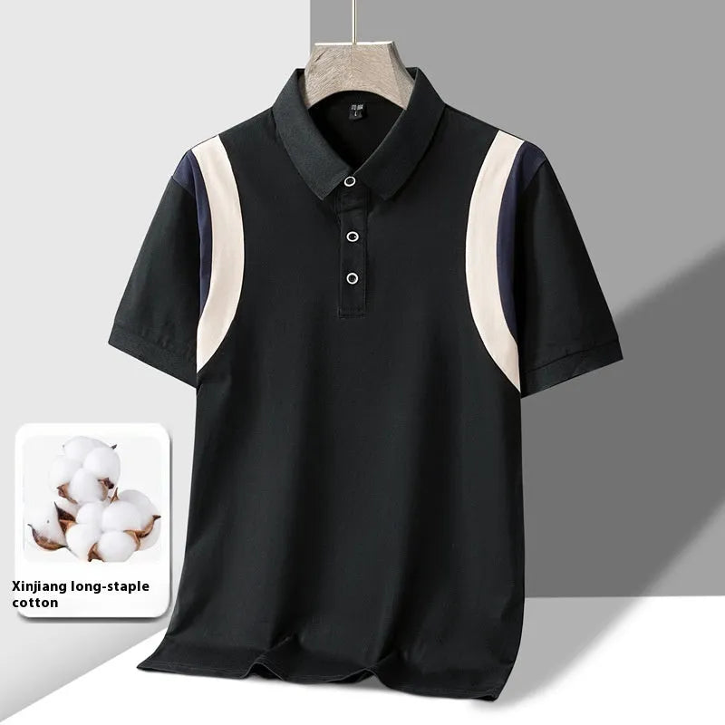 Men's grey striped cotton T-shirt with a lapel, showing loose Korean-style fit and short sleeves.